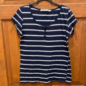 Michael Stars Striped Short-Sleeve Henley Top - Navy and White one size